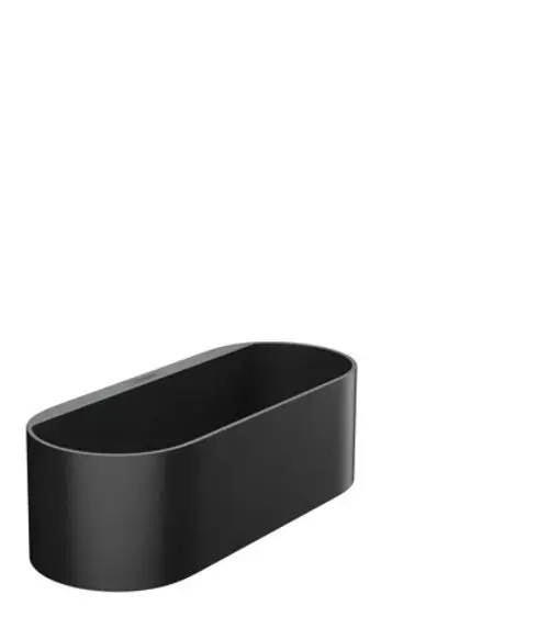 Schwarzer Ablagekorb von Hansgrohe mit ovaler Form, geeignet zur Wandmontage. Klar strukturierte Oberfläche ohne sichtbare Griffe oder Verzierungen.